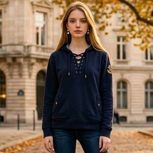 Ralph Lauren Preppy Navy Lace-Up Fleece Hoodie Casual Athleisure Small